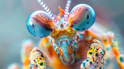 Peacock mantis shrimp's complex eyes, close-up scientific illustration showcasing the intricate structure and vivid colors 