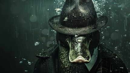 Platypus detective solving an underwater mystery, a film noir poster concept that combines the unique features of the platypus with a classic detective theme 