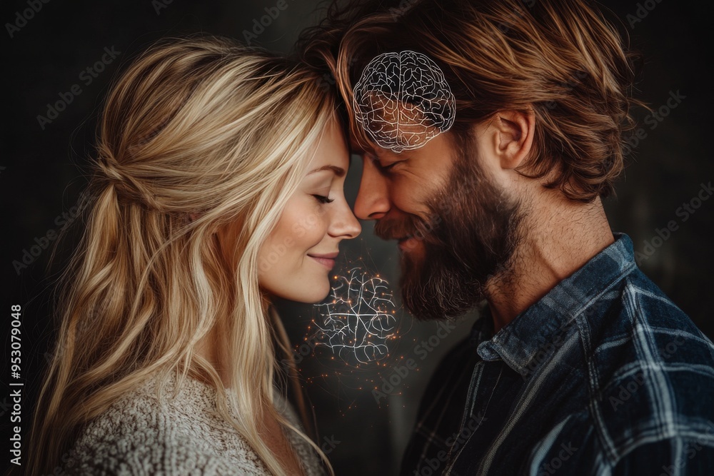 Poster neural reflection a thoughtful couple sharing a close cognitive connection highlighted by a subtle b