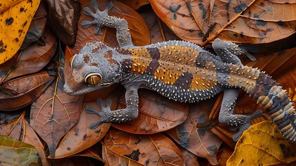 Satanic leaf-tailed gecko perfectly camouflaged among dead leaves, its unique appearance blending seamlessly with the environment 