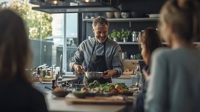 A modern kitchen with customers learning new cooking techniques from a chef