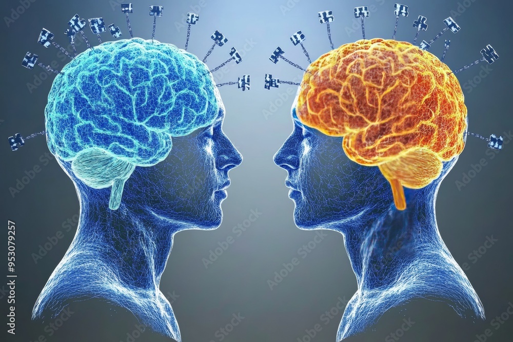 Poster neural sparks a couple sharing a cognitive connection visualized through a bright brain illustration