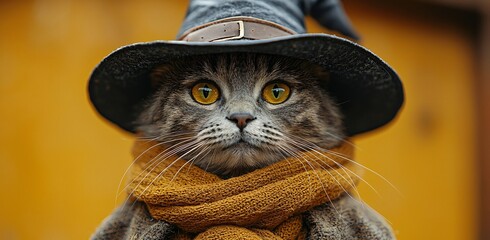 A charming black cat in a witch's hat and scarf, perfect for Halloween decorations or themed events with copy space.
