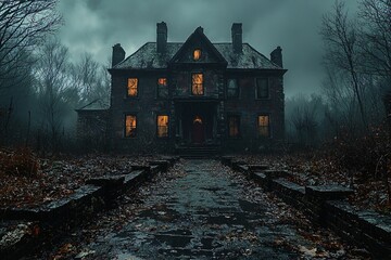 A haunted mansion shrouded in darkness, perfect for Halloween themes, ghost tours, and spooky decorations with copy space.