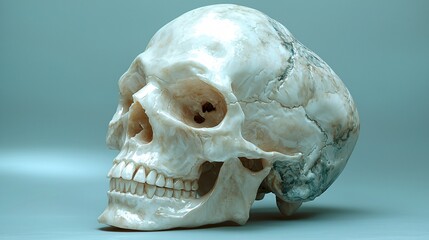 A realistic 3D male human skull, ideal for Halloween decorations or themed events, with a sleek design and a neutral background, with copy space.