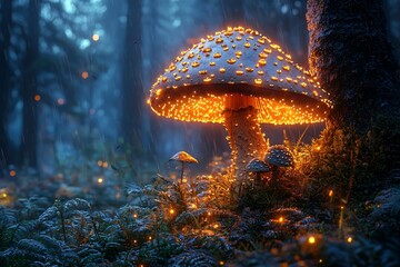 A mystical glowing mushroom in a dark forest, perfect for Halloween decorations and themed events, with copy space.