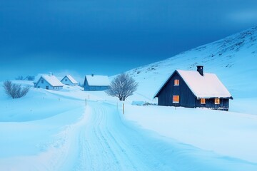 Fototapeta premium Snow-covered village at dusk during Thorrablot in Iceland.