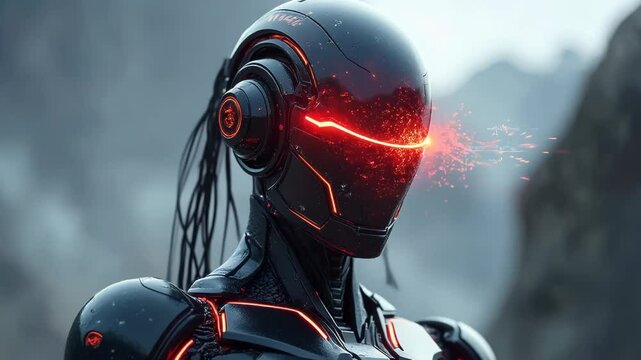 Cyborg with sleek black armor stands motionless. Advanced red helmet emits glowing energy tendrils. Futuristic landscape surrounds the figure, blending technology and otherworldly elements.	