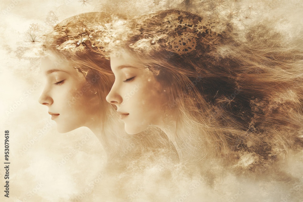 Poster ethereal neural connection a dreamlike depiction of two minds in cognitive harmony visualized throug