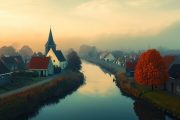 Fototapeta premium Soft evening light over a small town during Pepernoten Season in the Netherlands. 