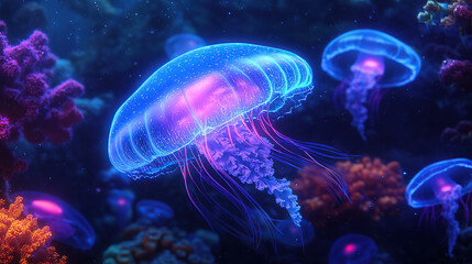 3D render of a glowing blue jellyfish in the dark ocean