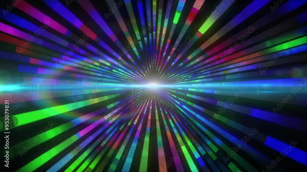 Poster colorful radial lines converging to bright center, creating dynamic animation