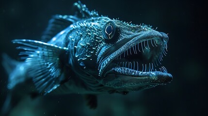 Fototapeta premium Viperfish hunting in the deep sea, its bioluminescent lure glowing brightly in the darkness, highlighting the predatory behavior of this sinister-looking fish 