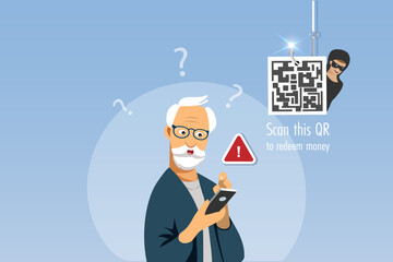 Senior man with online QR code phishing scam, Phishing hook with fraud QR code link to steal money from bank account, cyber crime attack. Vector.