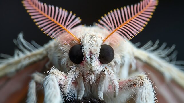 Vibrant Venezuelan poodle moth in a close-up shot, showcasing its fuzzy antennae and delicate textures, set against a contrasting background to highlight its unique appearance 