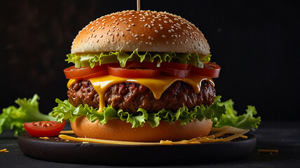 Big Burger With A Meat Patty, Cheese, Tomatoes, Lettuce, And Sauce Of Soft Orange-yellow Color Isolated On A Dark Background