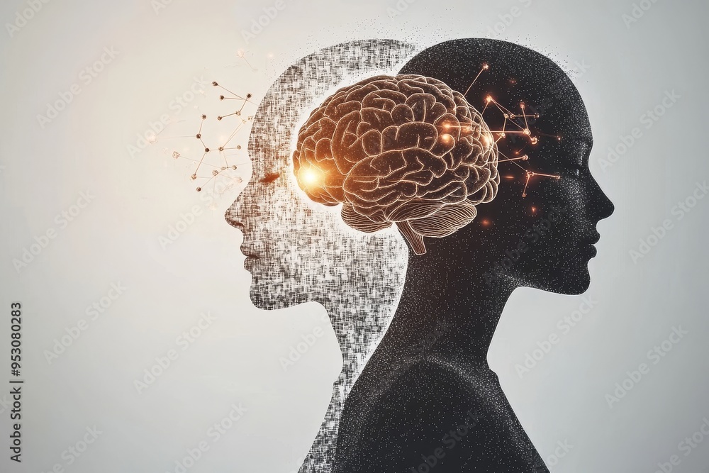 Poster neural duality a black and white artistic illustration representing the cognitive connection between