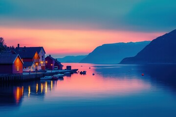 Fototapeta premium Soft twilight over a quiet town during Constitution Day in Norway.