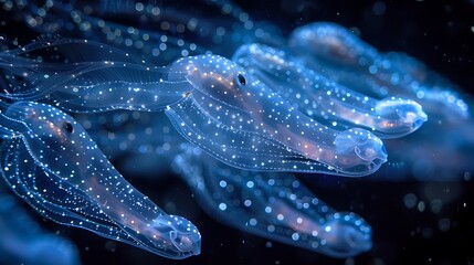 Comb jelly synchronized swimming team, performing in bioluminescent waters, creating a mesmerizing, light-filled underwater show 