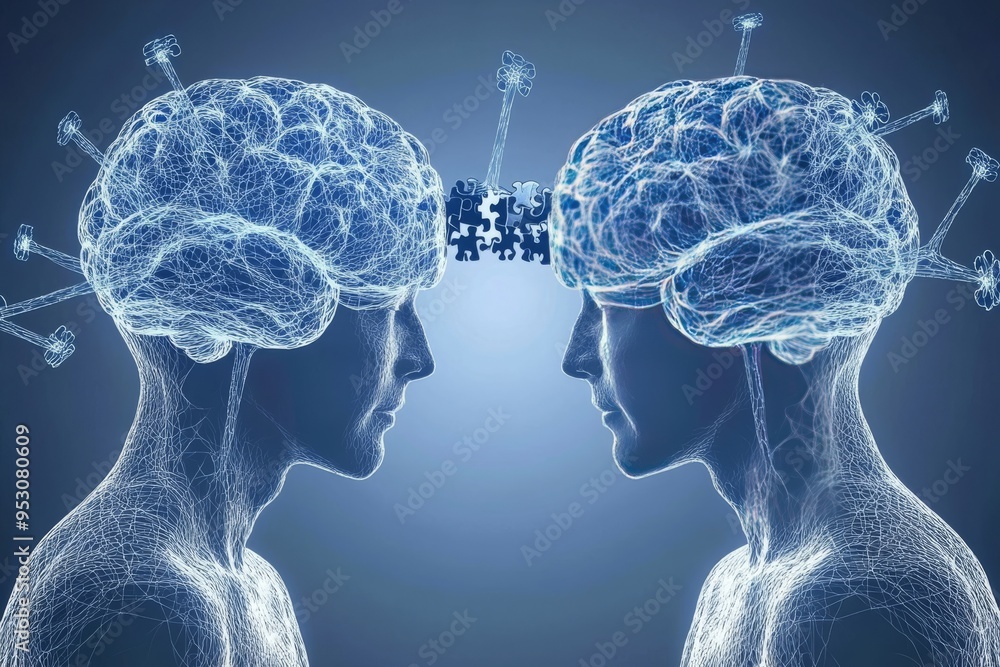 Poster neural harmony a couple in perfect cognitive sync visualized through a symmetrical brain illustratio