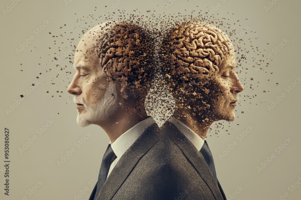 Poster cerebral divide a conceptual portrait of two individuals representing cognitive separation visualize