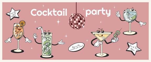 Set of retro cocktails with groovy style characters with different poses and emotions. Gin tonic, aperol spritz, martinis, mojitos. Talisman for bars and restaurants.Character of 60s and 70s for retro