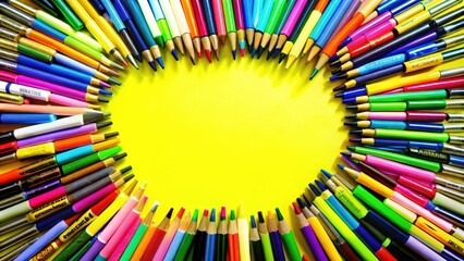 Obraz premium Colorful Pencils and Pens Arranged in a Heart Shape on Yellow Background