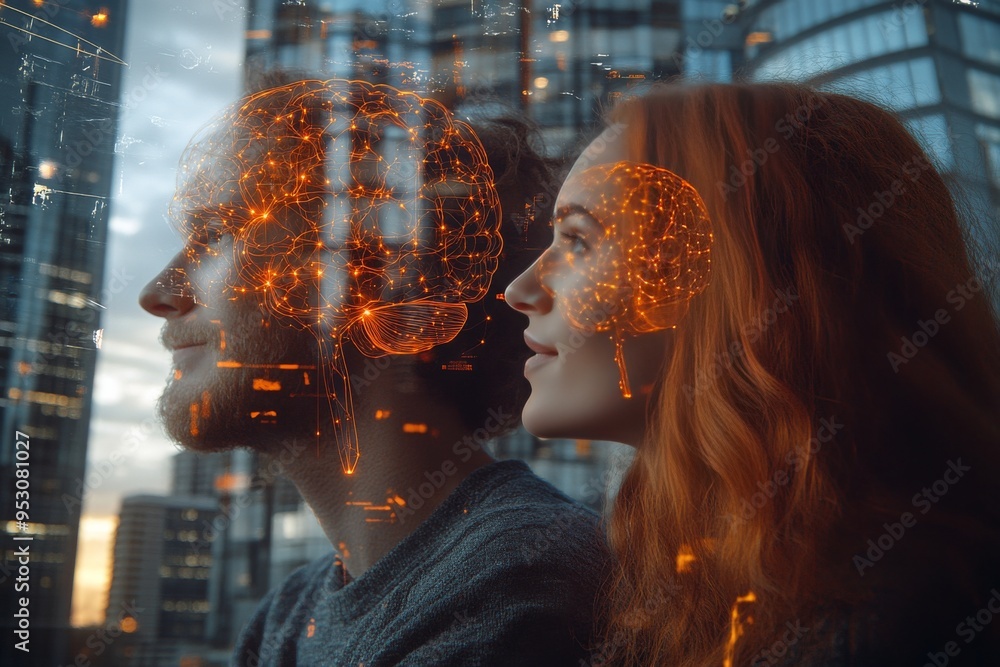 Poster neural cityscape a couple in an urban setting sharing a cognitive connection visualized through a br