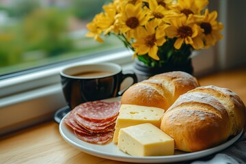 Traditional German breakfast table with fresh bread rolls, cheese, cold cuts, and coffee, soft morning light coming through the window, simple and wholesome meal. 
