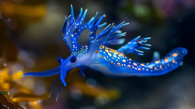 Glaucus atlanticus sea slug floating on the ocean surface, its vivid blue hues contrasting sharply with the dark waters below, creating a striking image of this colorful, unusual creature 