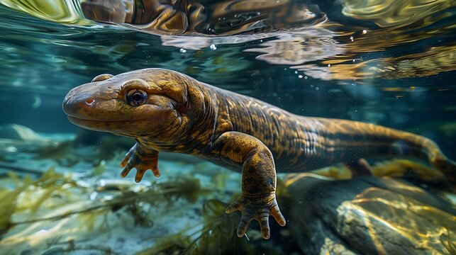 Hellbender salamander in a crystal-clear stream, the underwater view emphasizing its elongated, wrinkled body as it moves gracefully through the water 