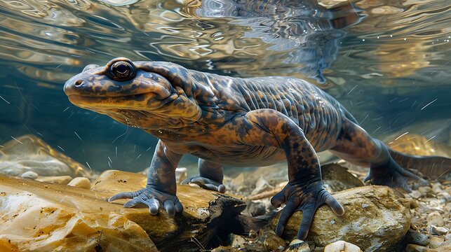 Hellbender salamander in a crystal-clear stream, the underwater view emphasizing its elongated, wrinkled body as it moves gracefully through the water 