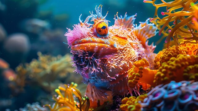 Hairy frogfish luring prey with its fish-like appendage, hiding in the vibrant coral reef, its camouflage blending seamlessly with its surroundings 