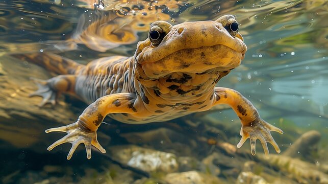 Hellbender salamander in a crystal-clear stream, the underwater view emphasizing its elongated, wrinkled body as it moves gracefully through the water 