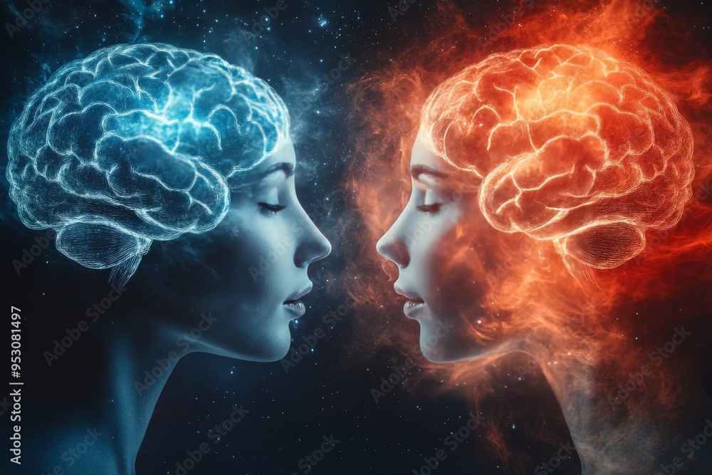 Aufkleber dual brains facing each other one with blue and the other with orange flames symbolizing the contras
