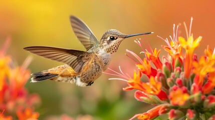 Hummingbird hawk-moth feeding on a flower, its wings a blur in a detailed macro shot that captures the speed and precision of this tiny creature 