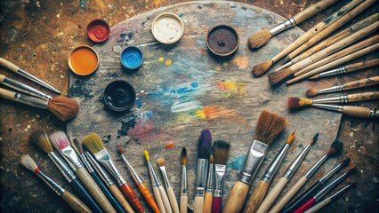 Fototapeta premium Artist's Palette with Paintbrushes and Assorted Paints