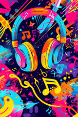Banner for Music Day with Headphones on Colorful Background. Celebrating Music with Instruments and Vibrant Colors.