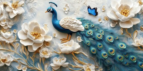 An abstract backdrop features a 3D floral wallpaper featuring a peacock and butterfly.