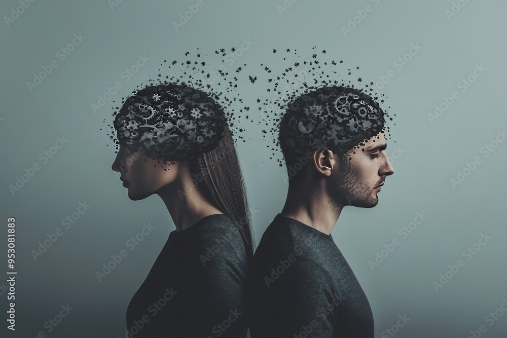 Poster dual profiles of a man and woman with dissolving brain parts symbolizing the fragility of memory and