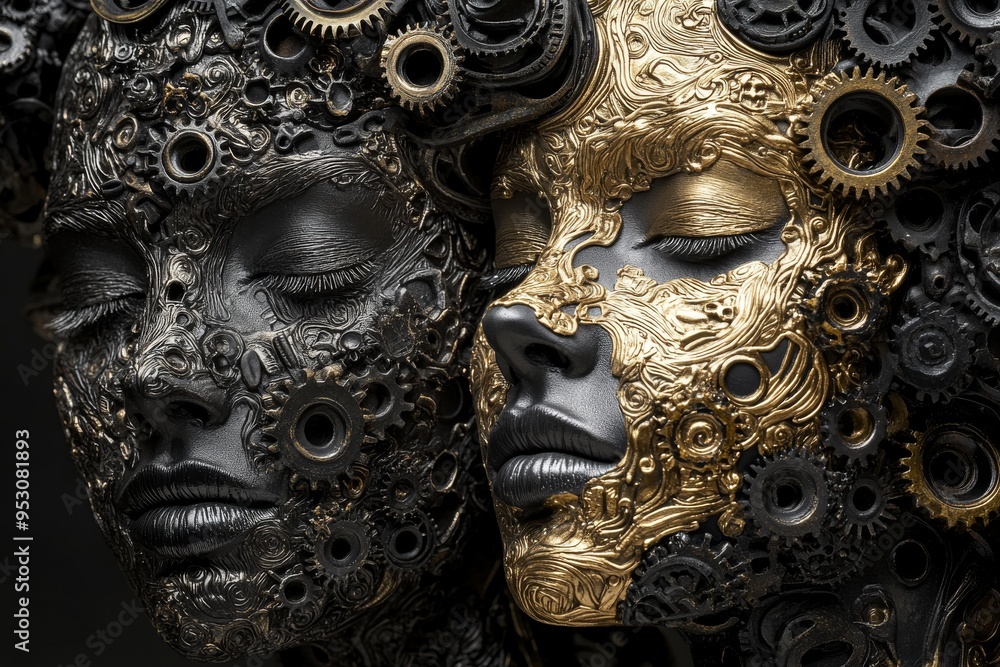 Aufkleber steampunk inspired metallic faces with intricate gears symbolizing the mechanical nature of human th