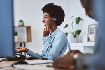 Business people, telemarketing and woman with pc, call center and help desk in office. Internet,...