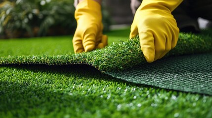 A person laying down artificial grass with yellow gloves, focusing on landscaping.