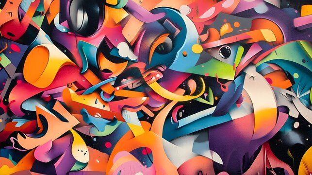 Urban mural with colorful graffiti vibrant colors and a diverse crowd bold and edgy design with detailed 3D graffiti