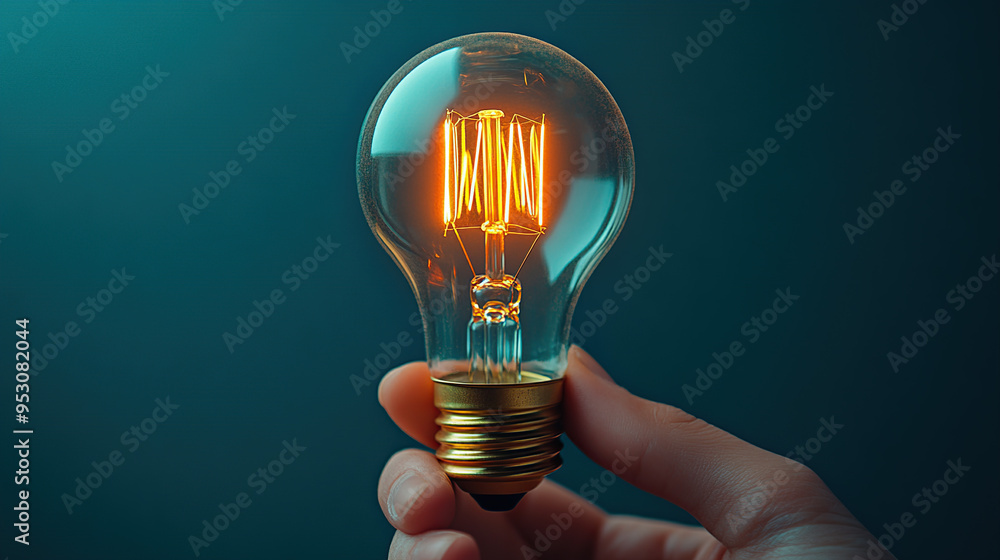 Wall mural a hand holding a light bulb on a dark blue background