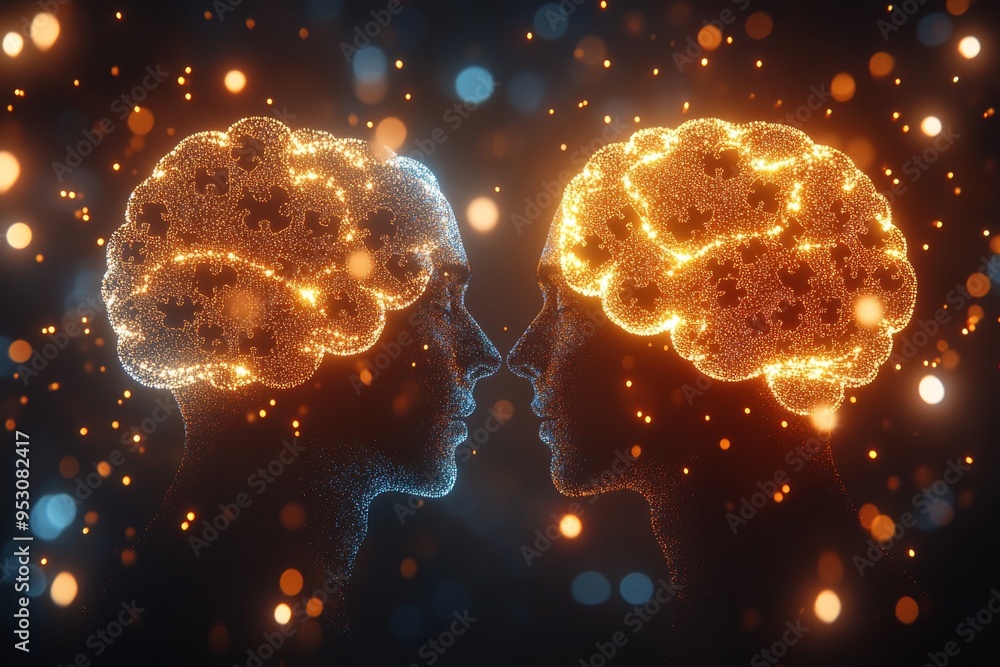 Poster pair of glowing brains with connecting lines illustrating the concept of shared thoughts and mental 