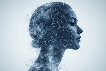 Silhouette of a woman made of particles symbolizing the transient nature of thought and emotion and the dissolution of cognitive processes in the human mind