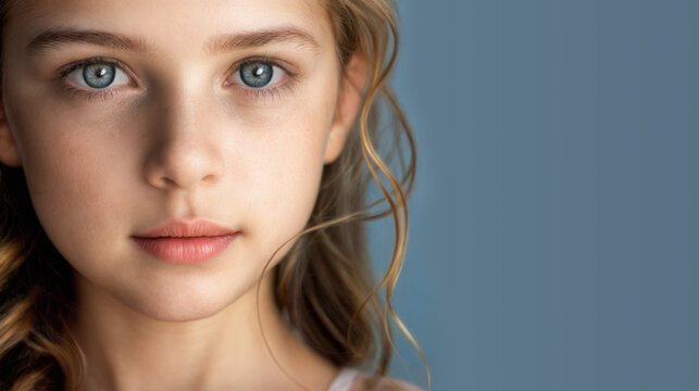 Closeup portrait of a young girl in her pre-teens isolated against a blue background. Copy space.