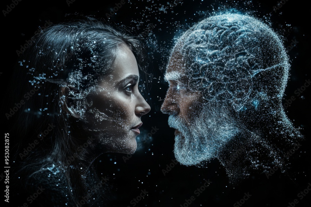 Aufkleber silhouetted couple in a technological setting connected by a glowing brain illustration representing