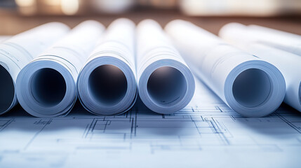 Close-up of architectural blueprints and rolls of paper,